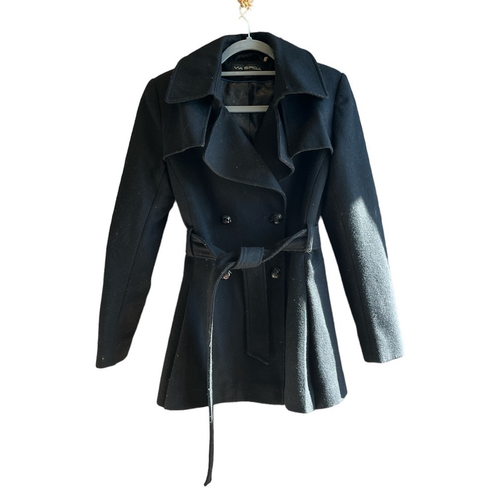 Via Spiga Women’s Wool Coat Black, double breasted, with pleated peplum Sz 4